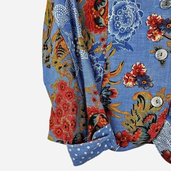 Coldwater Creek Blue Floral Linen Rayon Jacket Polka Dot Lined Size PM - Picture 5 of 7